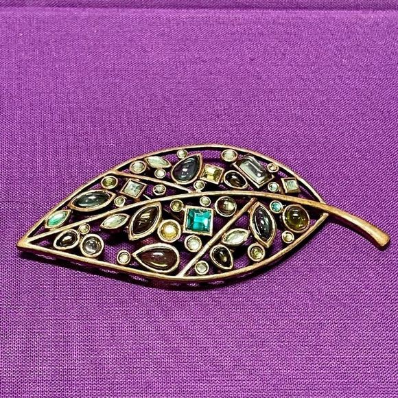 LARGE Multi Color Rhinestone Brass Color Leaf Brooch Pin 3” Fall Jewelry - Picture 3 of 8